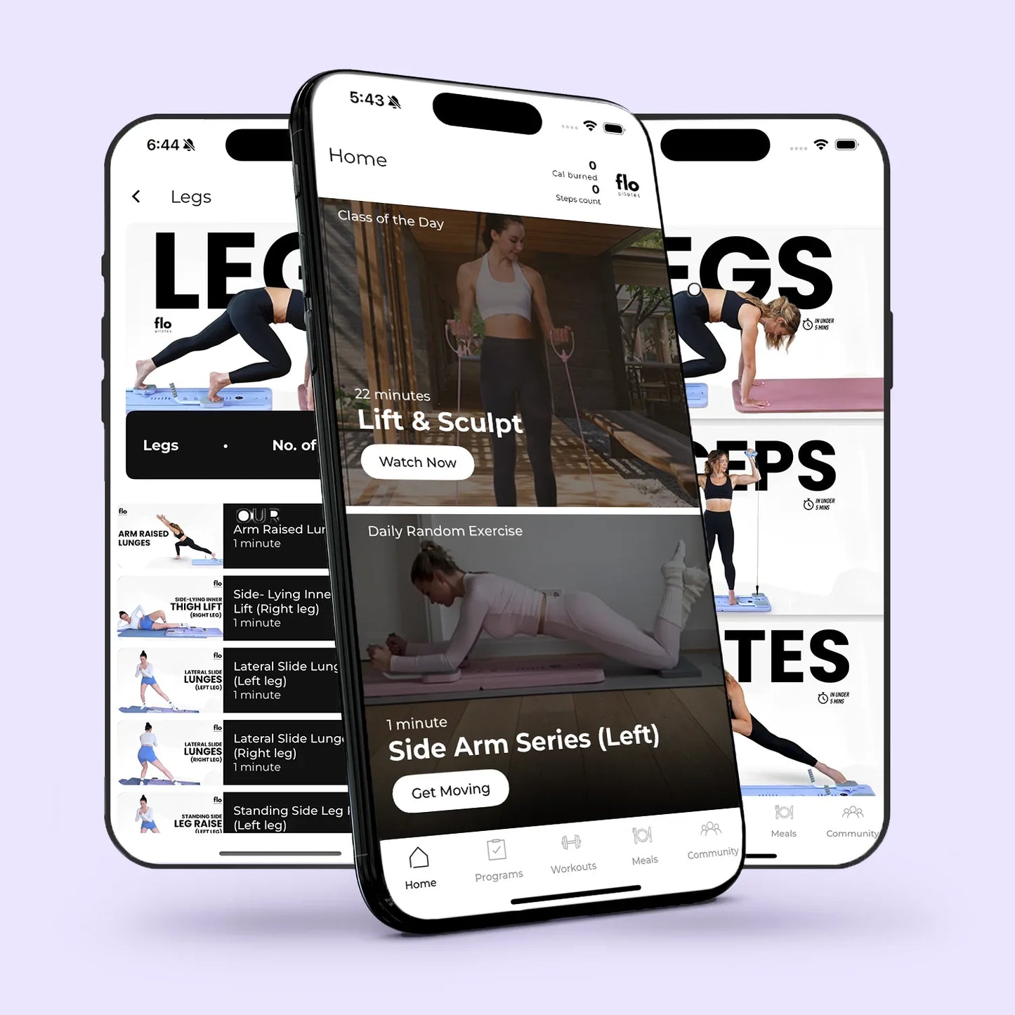 Smartphone displaying Pilates workout app with exercise routines and instructional videos.
