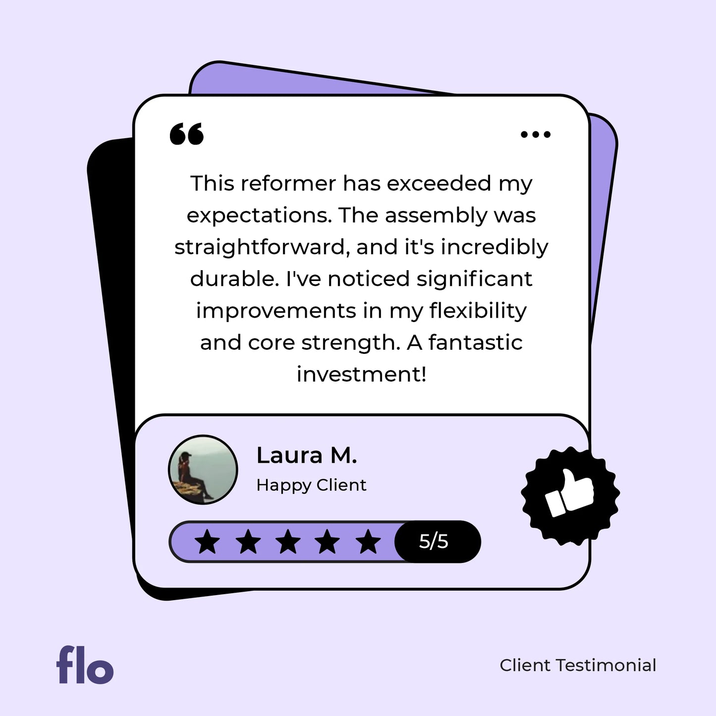 Client testimonial praising the Zenithfitz Pilates Reformer for durability and effectiveness in improving flexibility and strength.