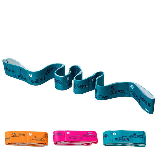 Yoga stretch bands in teal, orange, pink for resistance training and improving flexibility and mobility.