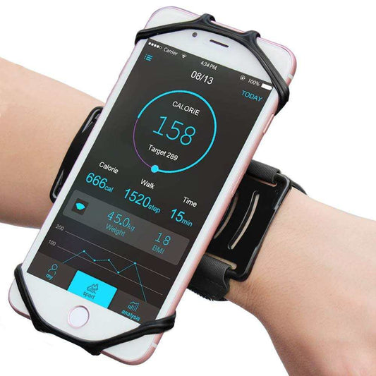 Adjustable phone holder arm strap featuring touchscreen accessibility and sweat-resistant material, ideal for workouts and outdoor activities.