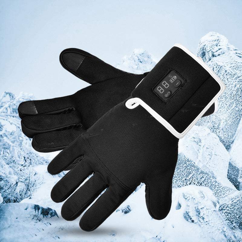 Heated touchscreen gloves on ice background, featuring adjustable temperature display, windproof and water-resistant design.