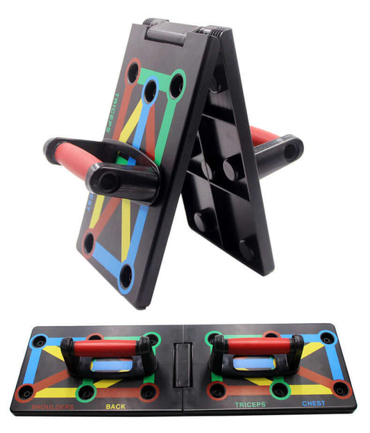 Multifunctional push up board with color-coded muscle target areas for chest, triceps, shoulders, and back.