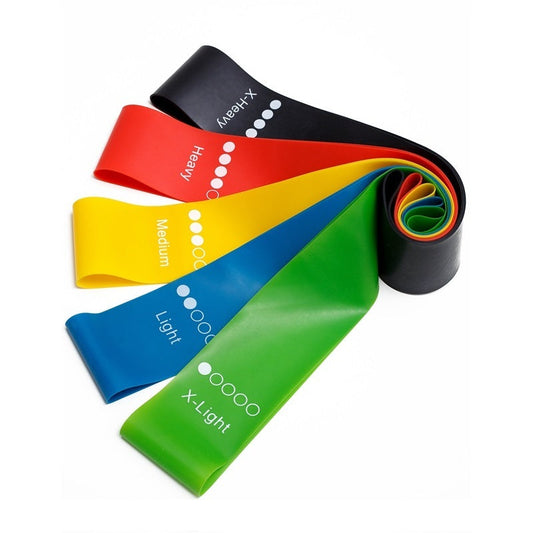 Yoga resistance elastic bands in various colors for strength, stretching, and toning workouts.