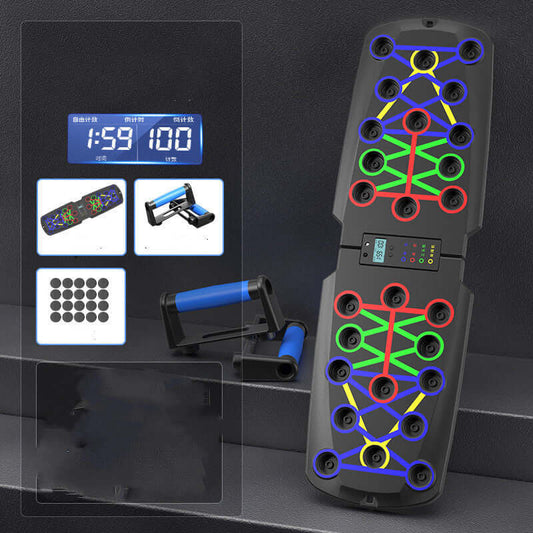 Multi-functional push-up bracket training board with 26 exercise modes and a smart counting display.