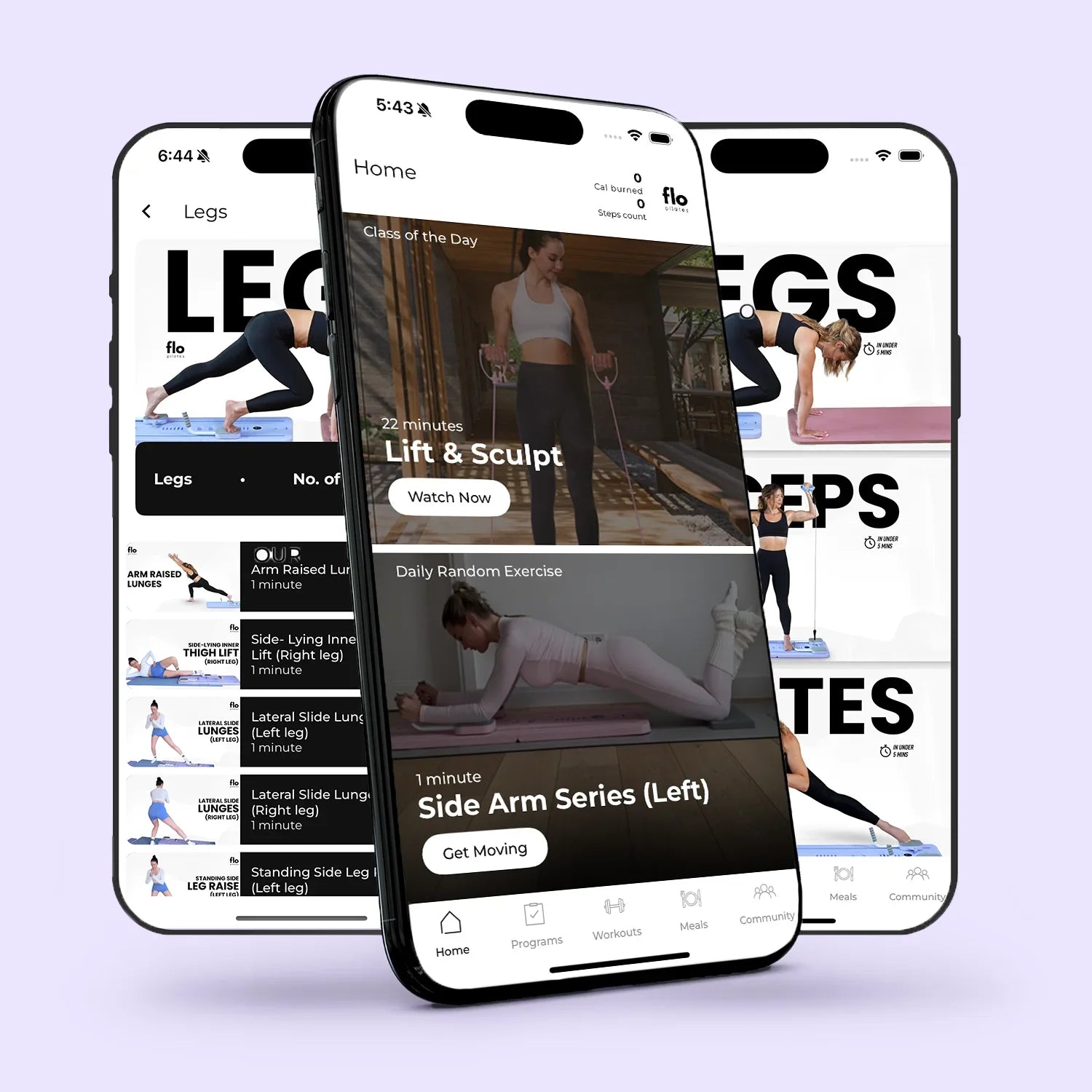 Smartphone displaying Pilates workout app with exercise routines and instructional videos.