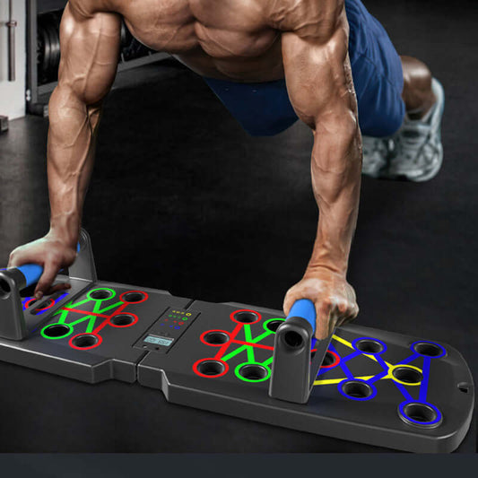 Multi-functional push-up bracket training board with 26 exercise modes, used by muscular person during workout.