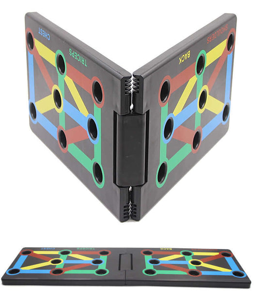 Multifunctional push up board with color-coded sections for targeted muscle training; ideal for fitness workouts at home or outdoors.