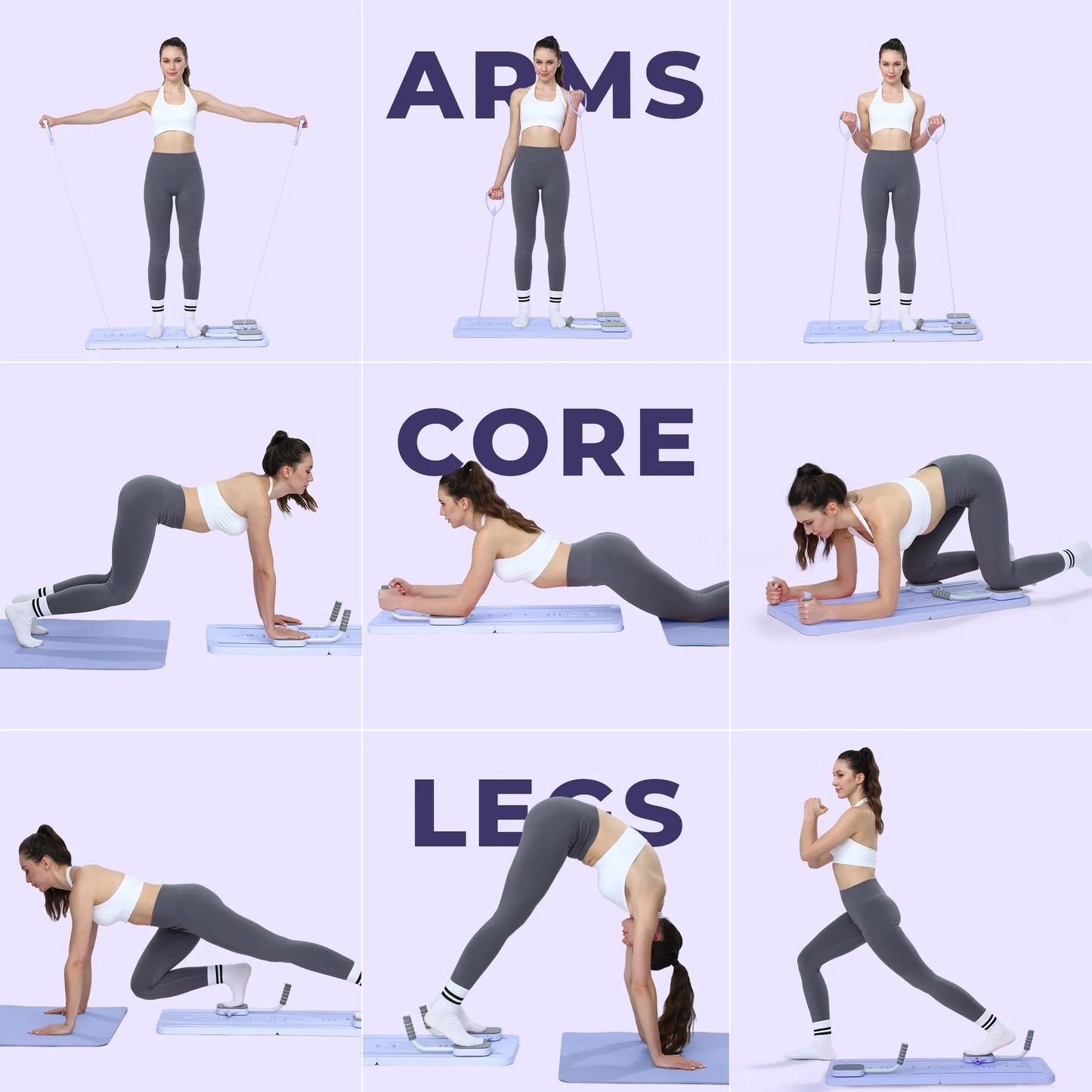 Zenithfitz Pilates Reformer workout showcasing arms, core, and legs exercises for a full-body routine.