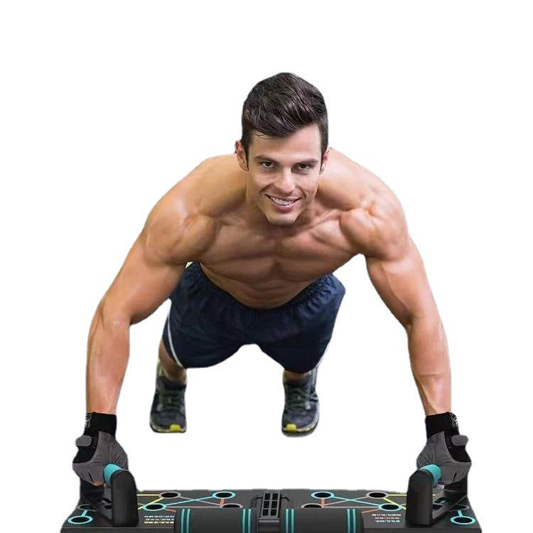 Athletic man performing push-ups on a multifunctional bracket for training, showcasing strength and fitness.